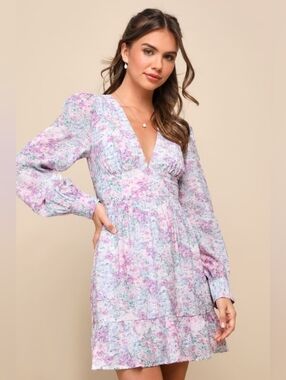 Lulus Floral Long Sleeve Skater Mini Dress Size Medium